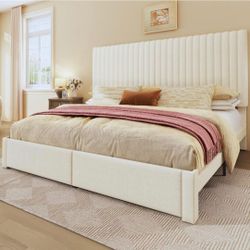 King Bed Frame with Belgrave Headboard, White
Platform Bed With Notched-Corner Adjustable Headboard, Wooden Slats Support, Noise-Free, No Box Spring N