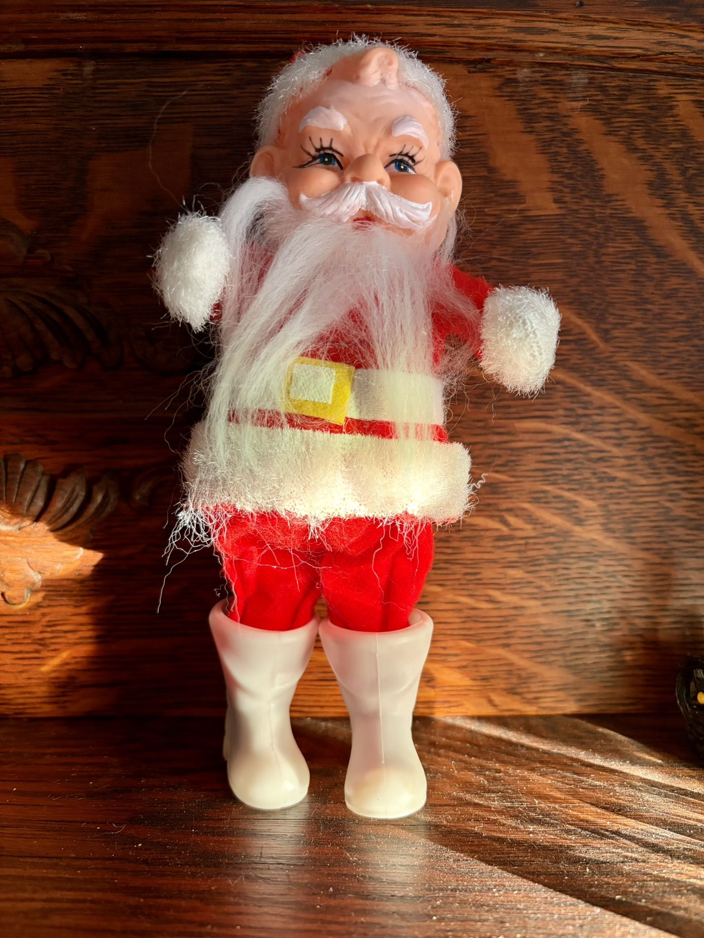 Santa 1950’s Vintage Felt Suit -Rubber Face -White Boots-Made in Japan-8”