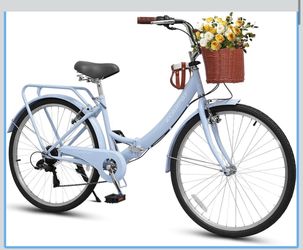 26 Inch Folding Beach Cruiser Bike for Womens Mens Adult, Womens Foldable Bike with Rattan Front Basket,7-Speed Commuter Hybrid Bikes with Adjustable 