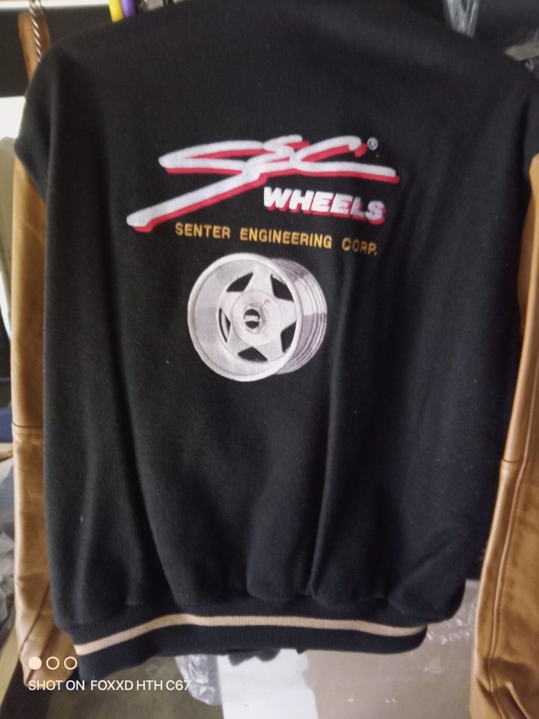 Large Vintage Varsity Jacket Of Wool Brown Leather Arms SEC WHEELS CORP.