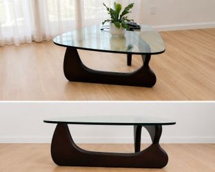 Modern Tempered Glass Coffee Table with Sculptural Wood Base – Excellent Condition