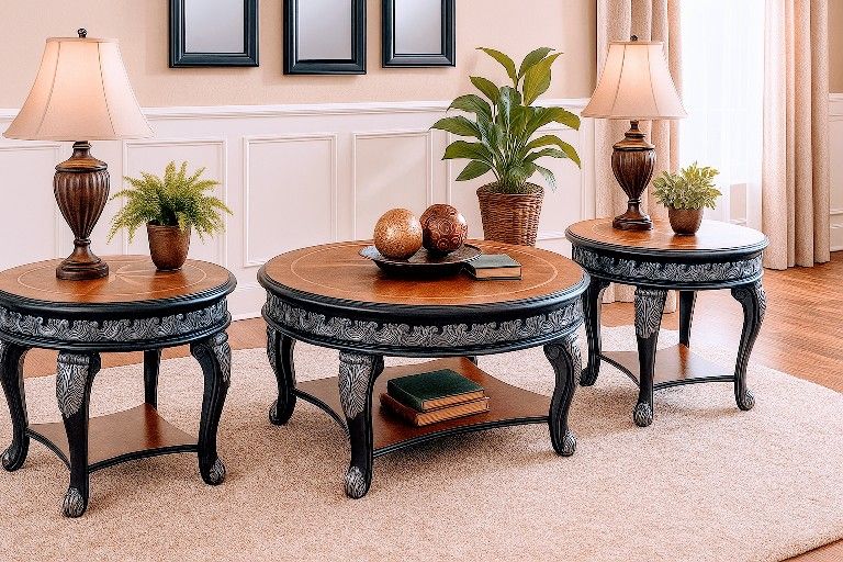 Elegant 3-Piece Living Room Set - Refinished Black & Silver With Inlay Tops.