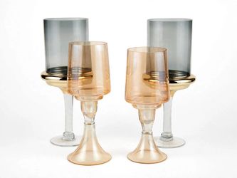 Set of 4 Hurricane Candle Holders - Amber & Smoky Gray with Gold Rim