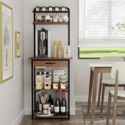 Bakers Rack with Fabric Drawer, Microwave Oven Storage Stand, Bakers Rack for Coffee Stand Station, Home Kitchen Organizer, Brown