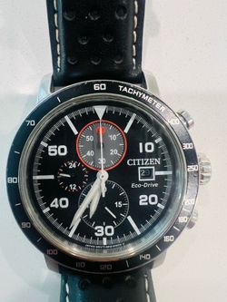 Citizen Men's Eco-Drive Sport Casual Brycen Watch, Black Leather Strap, Black Dial, Chronograph, 12/24 Hour Time, Date