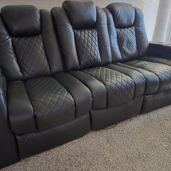 Black Leather Reclining 3-Seater Couch w/ USB Ports, Cup Holders & Power Outlets
