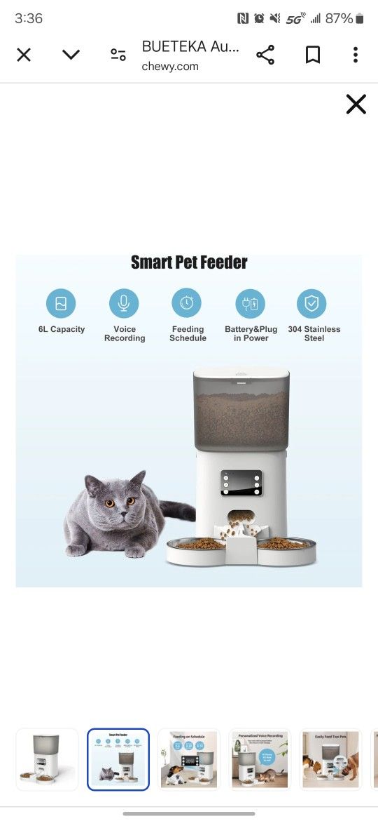 Bueteka Automatic Food Dispenser with Splitter & Stainless Bowls Cat & Dog Feeder, 6-lit, White