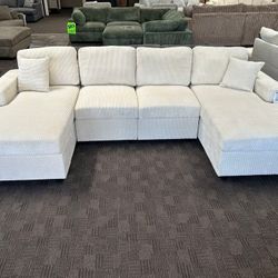 Ivory corduroy double chaise sectional sofa 