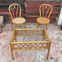 Vintage Rattan Wicker Sweetheart Chairs & Table 