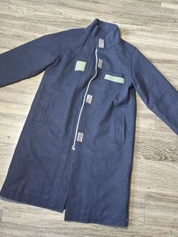 Ozoc Japan Navy Wool Military Style Coat Diagonal Zip Size 38 Vintage