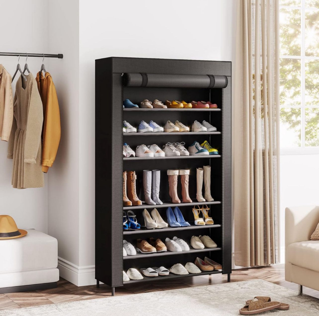 10-tier Shoe Rack With Cover, Vertical Shoe Shelf for Entryway, Black