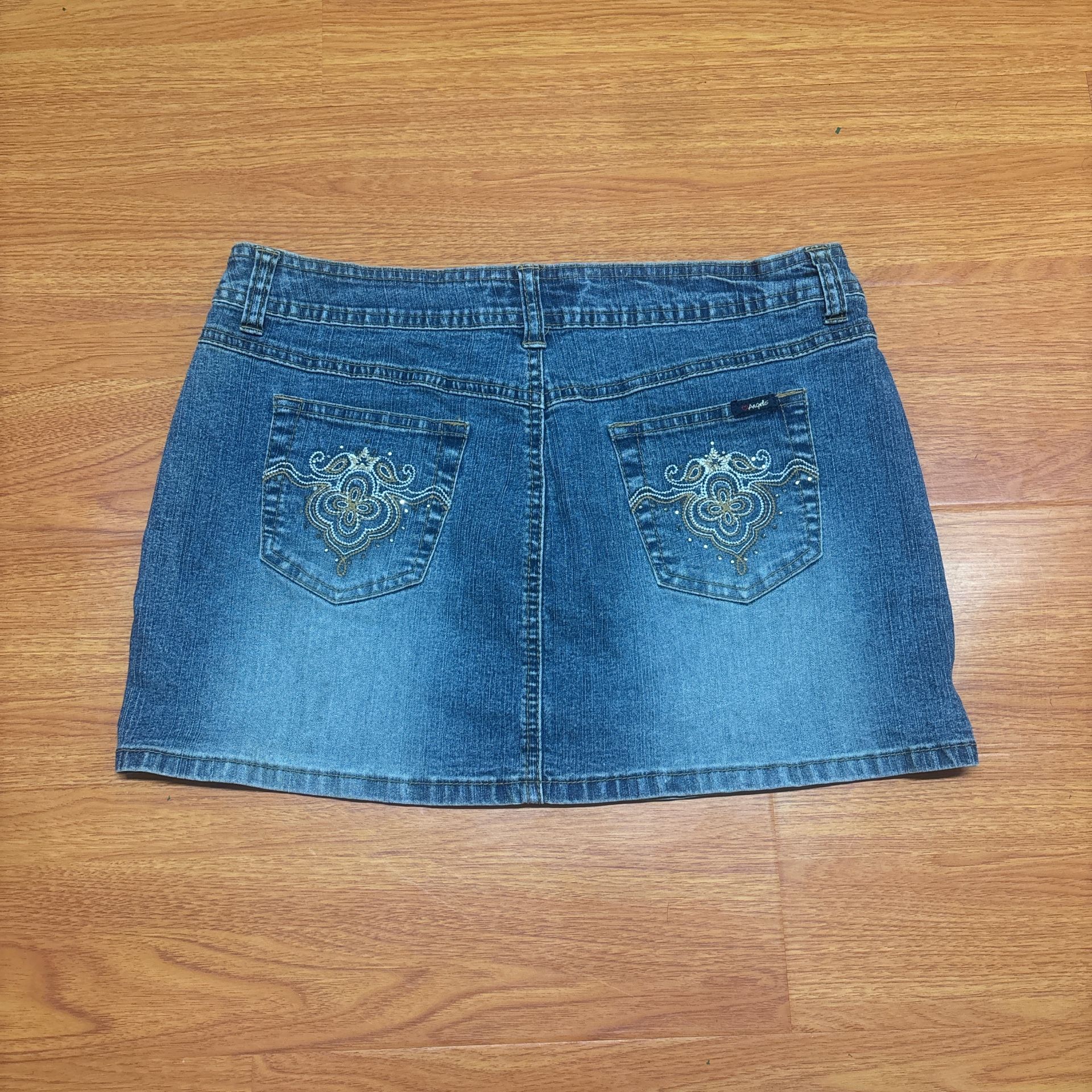 Vintage Y2K Angels Rhinestone Embroidered Flower Jean Mini Skirt Size 8