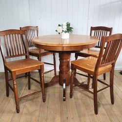 2 tone color Round-Oval Pedestal Dining Pub Table Oak with 4 Matching Chairs / built in Extension