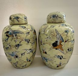 2 Large Chinoiserie Crane Ginger Jars