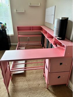 DICTAC Corner Twin Bed Frame with Desk,Charging Station and Bookcase Storage Pink Bed Frame for Girls with Storage Drawers and Led Lights Twin Size Da