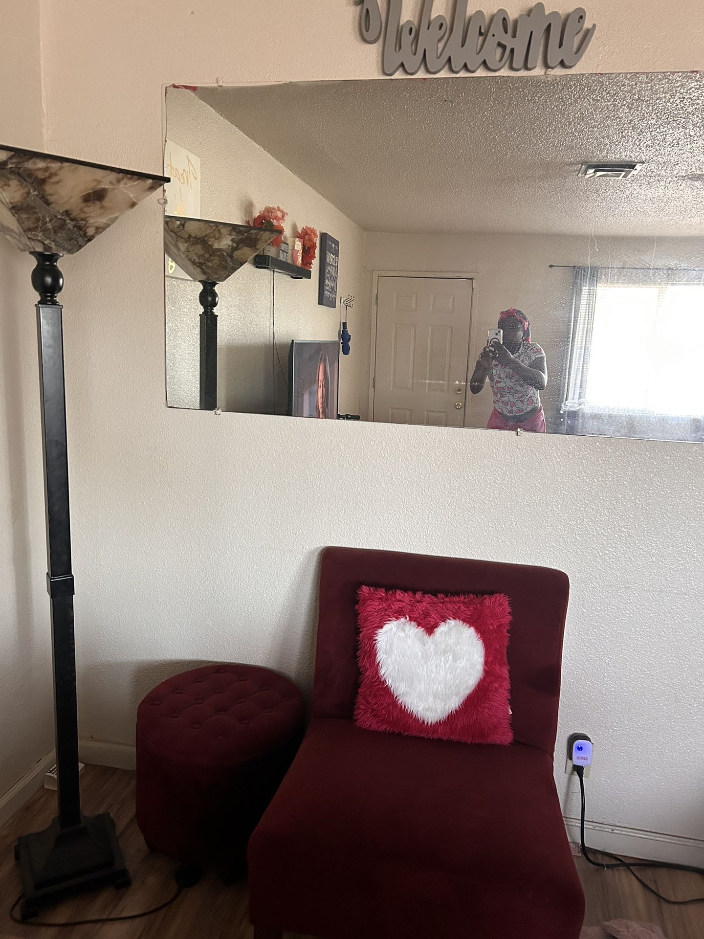 Red Suede Chair With Round Ottoman