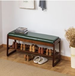 Solid Wood Bench, Entryway Shoe Bench with Cushion, Flip-Open Storage Compartment, 2-Tier Shoe Organizer(Green,39.70''L) 