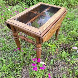 Vintage Antique Drop Leaf Sofa Table Solid Wood W/ Glass Top Farmhouse Style 