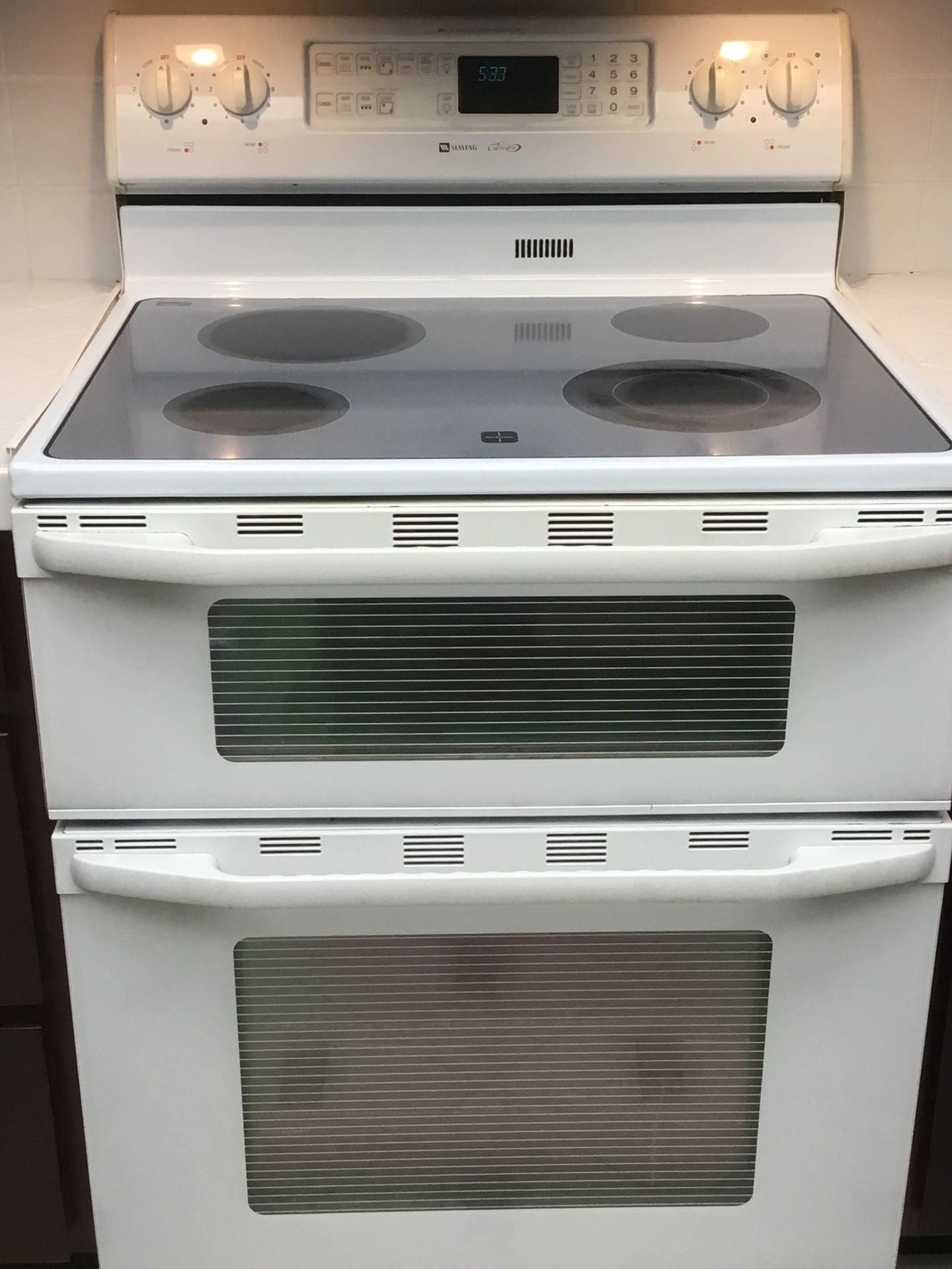 White Maytag Gemini double oven stove