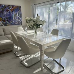 Dining Set For 6, Wooden Table And Faux Leather White Chairs