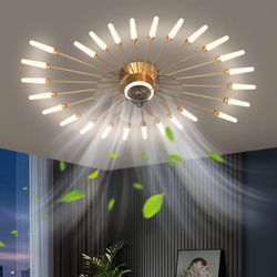 26-Light Firework Ceiling Fan LED Chandelier with Remote Dimmable 3-Color Temperature GOLD 