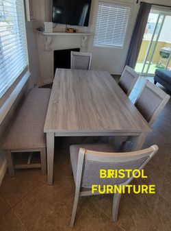 🪙 Dining Set 6 Pc, Light Gray Color, Wood And Fabric Upholstered Chairs, New In The Box.
