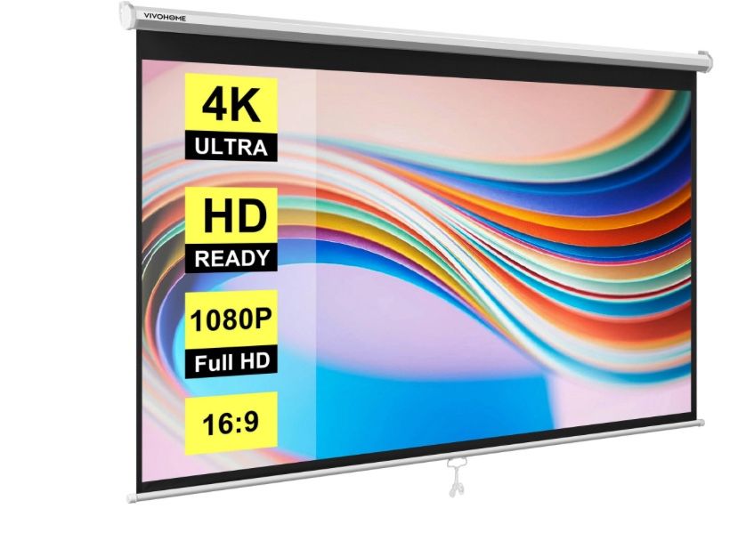 VIVOHOME Projector Screen Pull Down, 16:9 100 Inch Retractable Projection Screen, HD 4K Manual Pull Movie Screen For Home Theater, Cinema, Office (87x