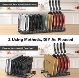 Adjustable kitchen organizer rack for pots pans plates