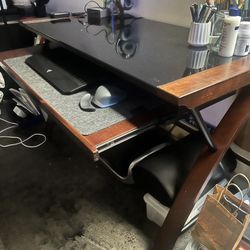 Wood + Glass Top Desk w/ Keyboard Tray