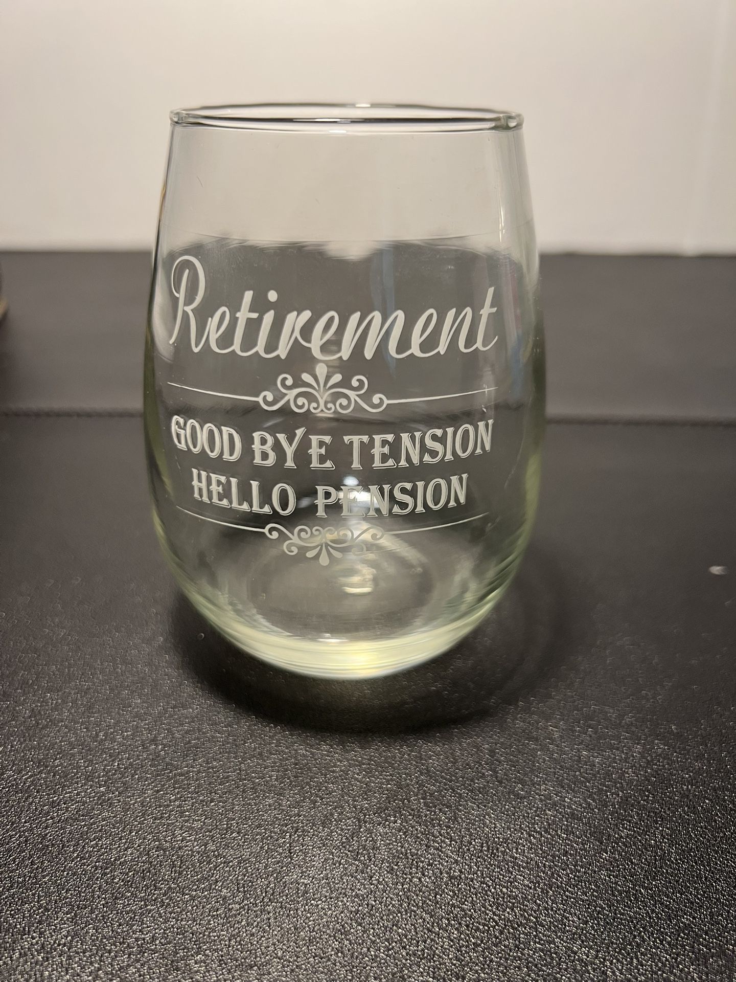 Happy Retirement Stemless Wine Glass “Hello Pension” Gift, NIB, 15 Oz