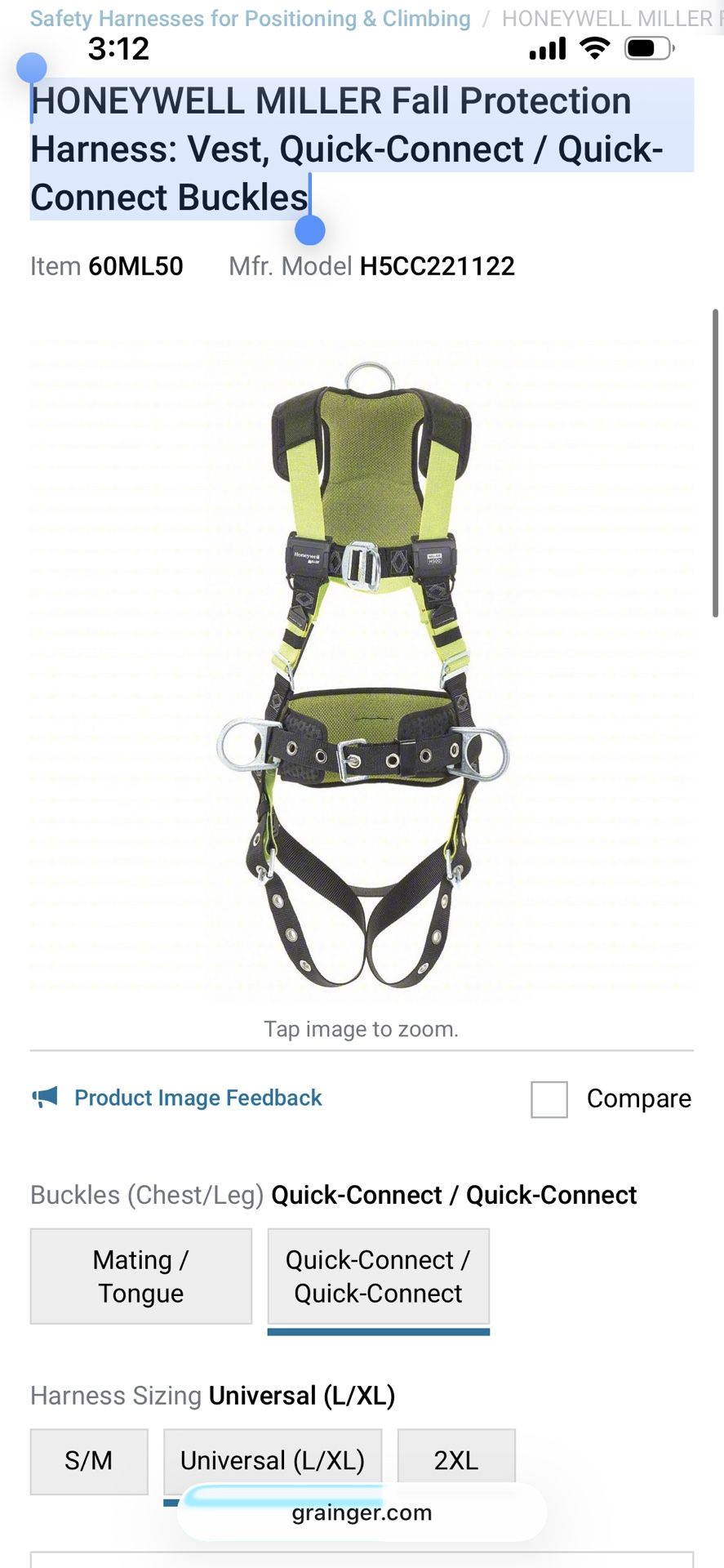 HONEYWELL MILLER Fall Protection Harness: Vest, Quick-Connect / Quick-Connect Buckles