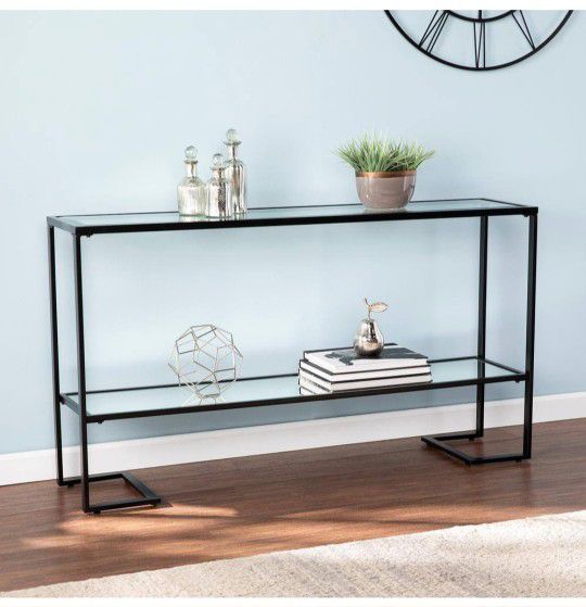 52 in. Black Rectangle Glass Console Table with Shelves