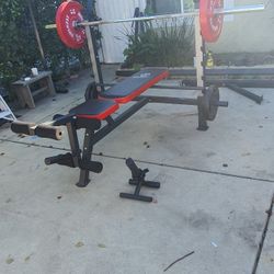 Bench, Olympic Bar, And 2 45 Piunds Weights 