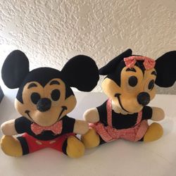 Walt Disney Productions Mickey Mouse & Minnie Mouse Plush Toy Dolls 1950’s 7”