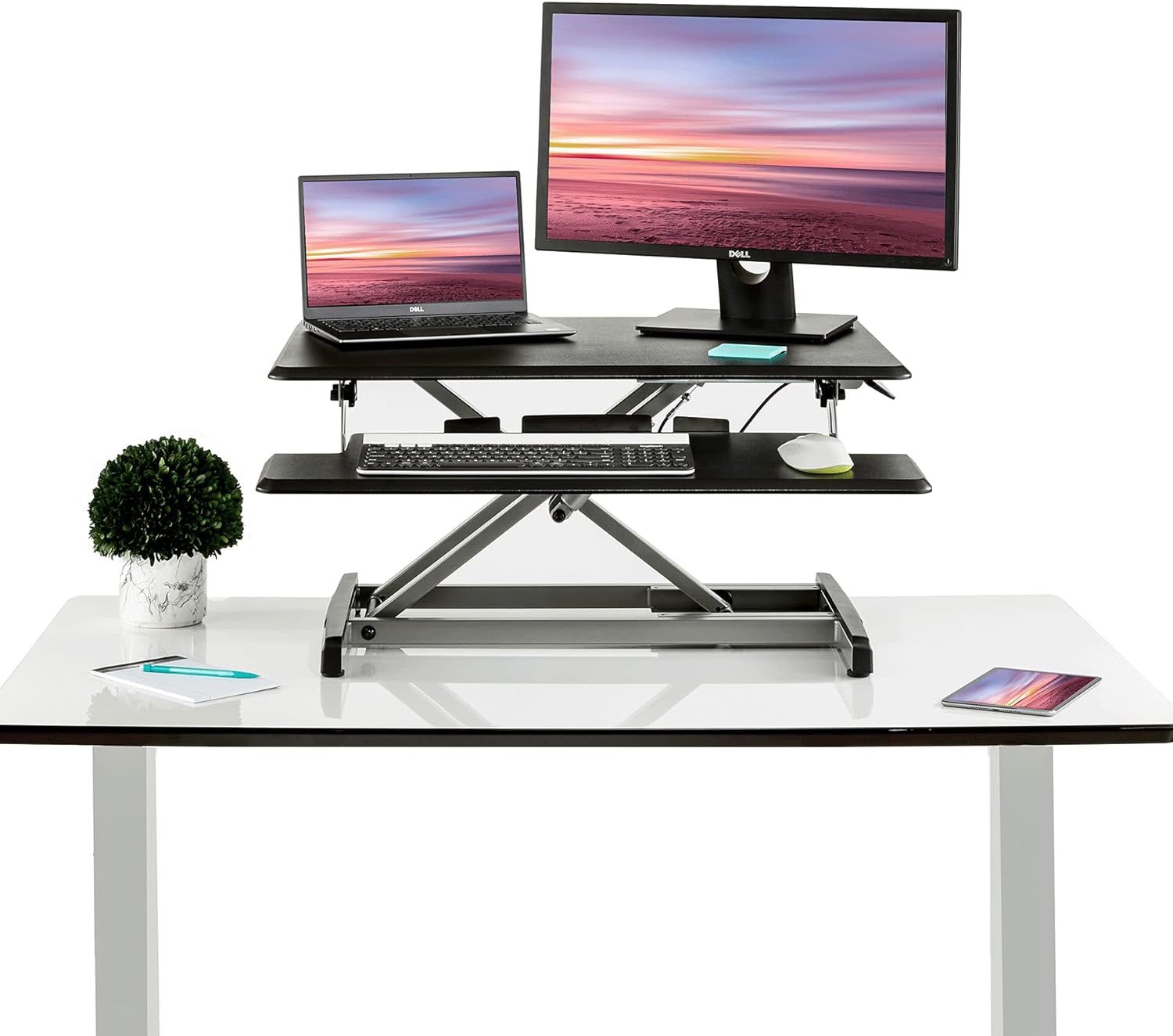 Seville Classics Airlift Height Adjustable Sit Desk Converter Workstation Standing Ergonomic Dual Monitor Riser with Keyboard Tray, Compact 30", Onyx