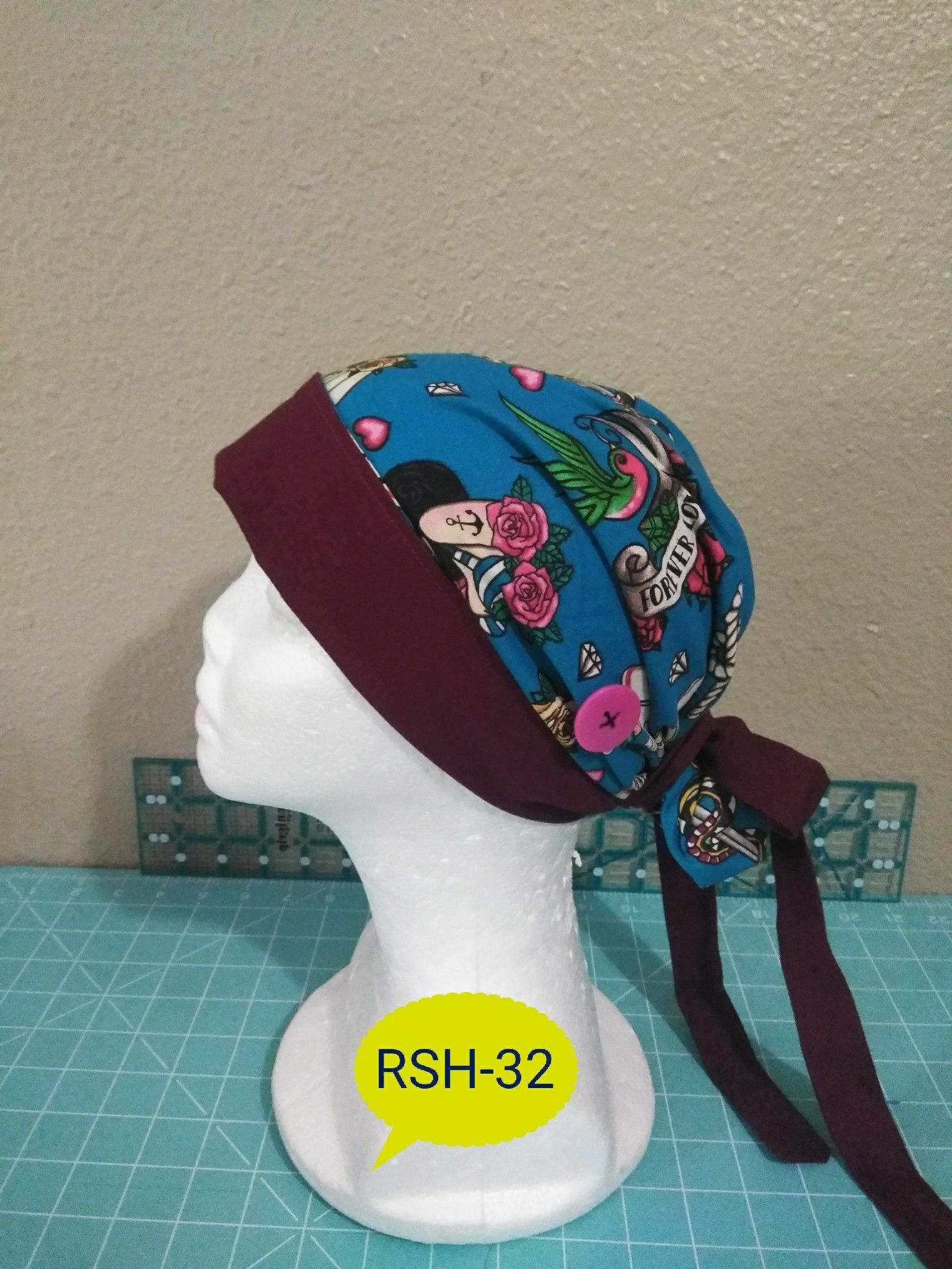 Two Tone Reversible Surgical Hat with Buttons