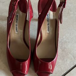 Manolo Blahnik Cherry Red Peep Toe Heels
