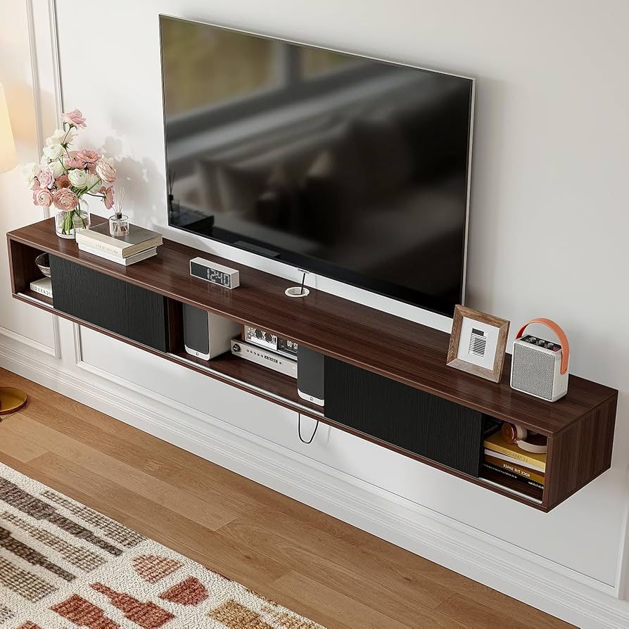 Floating TV Stand, 55" Wall Mounted Wood TV Console Entertainment Center with Sliding Doors, Media Cabinet Shelf Cabinet Under TV Storage for Living R