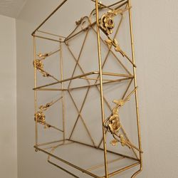 $25.00 - Antique Gold Wall Cabinet, Embossed Rose Accents/Antique Gold Color!  Missing Glass Shelves!  Lowest Price!