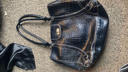 Black Croc-Embossed Leather Tote Handbag