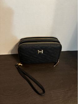 Halston black vegan leather quilted wristlet wallet