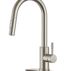 FORIOUS Kitchen Faucet with Pull Down Sprayer, Brushed Nickel High Arc Modern Classic Sink Faucet Stainless Steel with Deck Plate Fit for 1 or 3 Hole 