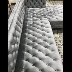 Grey Tufted Velvet Sectional W Chaise -- 80% Reduced Original Price