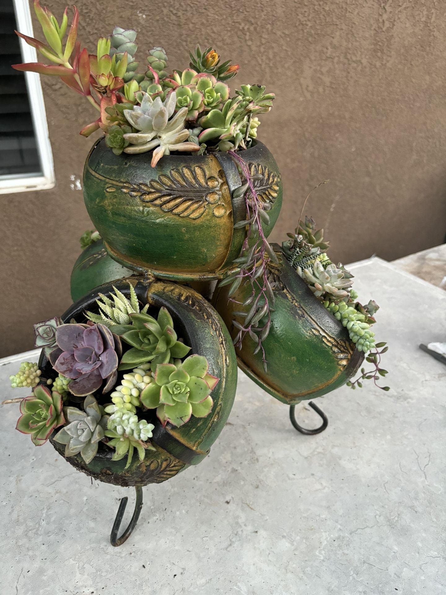 4 Un 1 Ceramic Green Pot With Mix Succulents