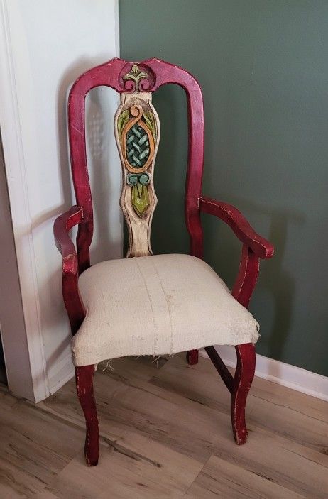 Vintage Red Chinoiserie Carved Georgian Accent Armchair