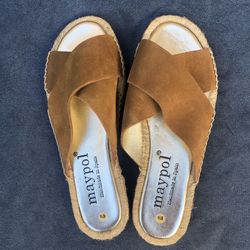 Anthropologie Maypol ‘Mixto’ Tan Suede Espadrille Open Toe Slides Size 6.5