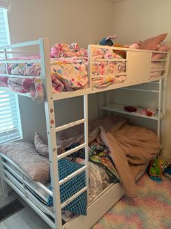 White Metal Loft Bed with Desk and Shelves