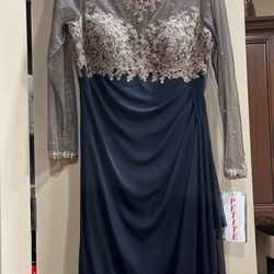Beautiful, Dark Navy Blue, And Gold Embroidered Evening Gown