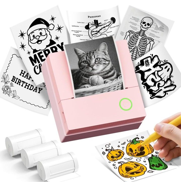 Portable Mini Printer, Inkless Bluetooth Sticker Maker with 3 Rolls Paper
