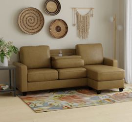 Mocha brown leather sectional couch reversible with ottoman and drop down table usb